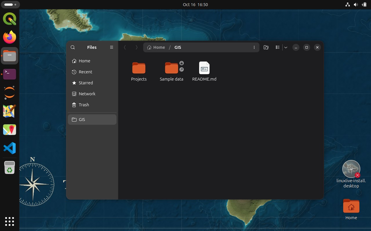 The Files app open on the GIS folder in the live session: Projects, Sample data (a read-only link) and README.md, with GIS bookmarked in the sidebar, over the Tiki Head wallpaper.