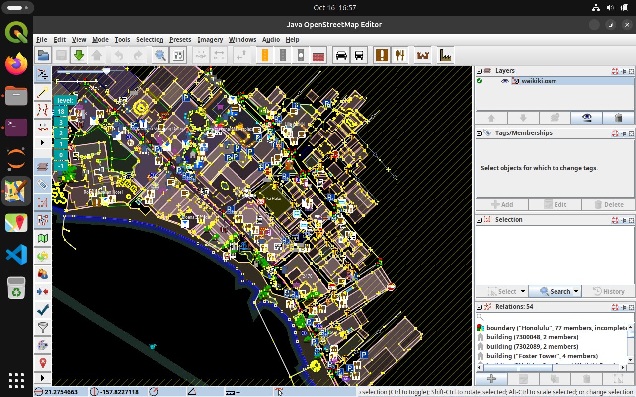 JOSM, the Java OpenStreetMap Editor, maximised with an extract of Waikiki in Honolulu: building outlines, footpaths and icons for cafes, restaurants and parking along the beach, with the Layers, Tags and Relations panels on the right.